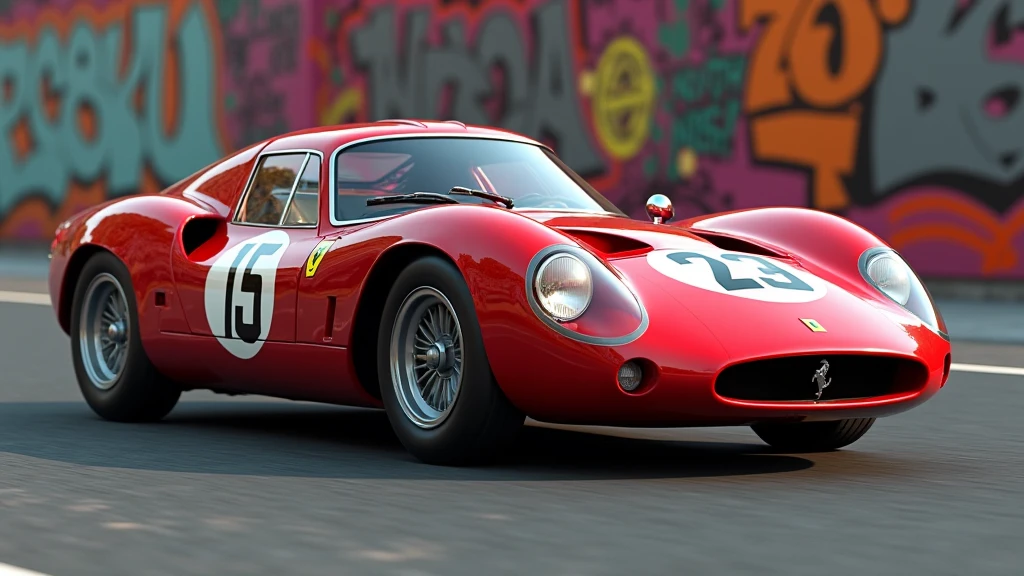 A stunning 3D render of a classic Ferrari GTB 296, styled as GRAND PRIX with the driver's initials, cinematic image. The car is shown in a dynamic motion, its sleek red body gleaming under the sunlight. The background features a graffiti-filled urban landscape, The overall atmosphere is intense and dynamic, evoking the thrill of high-speed racing., graffiti, 3d render, typography, cinematic, graffiti