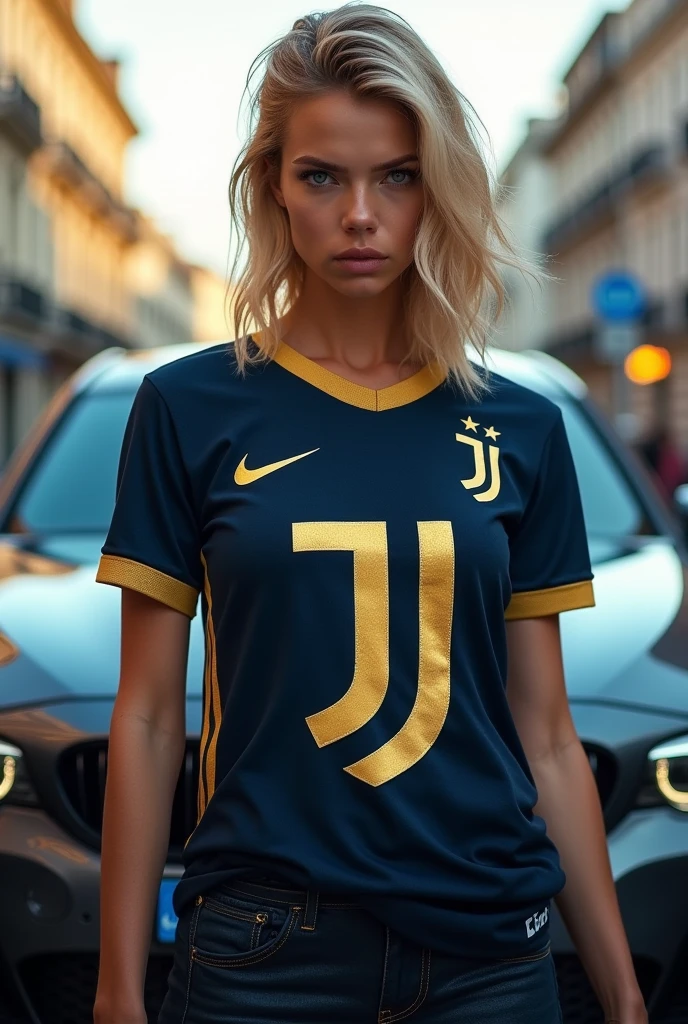 Rebellious blonde with a dark blue jersey with the Juventus symbol in gold in front of a BMW showing the street and the sky in the background of a cell phone showing more street and sky, more street and more sky in the image itself