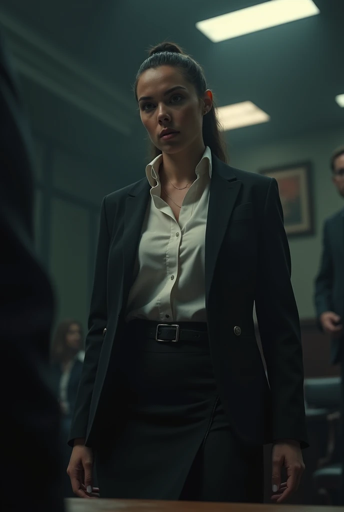 a striking young female lawyer, low angle view, interrogating, pencil skirt with side slit, blouse, tight bun hairstyle, masterpiece, realistic, photorealistic, ultra-detailed, 8k, sharp focus, dramatic lighting, cinematic, moody, serious expression, powerful presence, authoritative, confident, dynamic pose