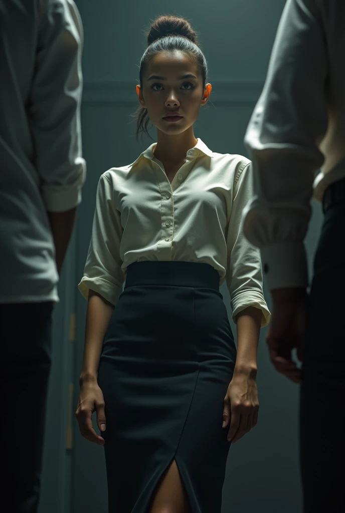 a striking young female lawyer, low angle view, interrogating, pencil skirt with side slit, blouse, tight bun hairstyle, masterpiece, realistic, photorealistic, ultra-detailed, 8k, sharp focus, dramatic lighting, cinematic, moody, serious expression, powerful presence, authoritative, confident, dynamic pose