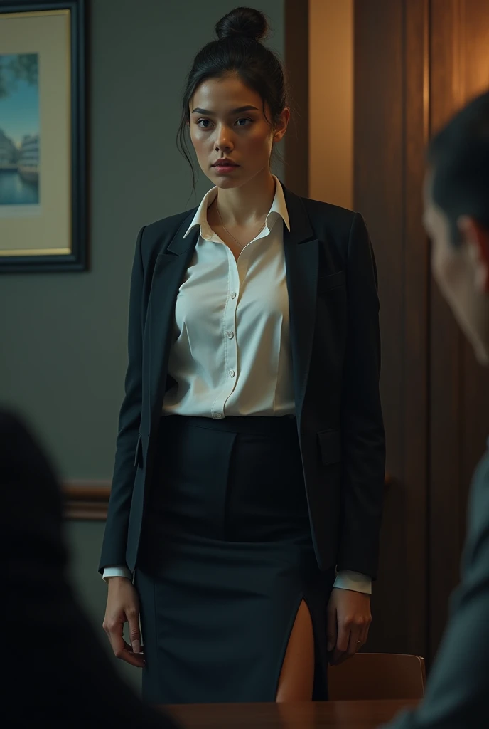 a striking young female lawyer, low angle view, interrogating, pencil skirt with side slit, blouse, tight bun hairstyle, masterpiece, realistic, photorealistic, ultra-detailed, 8k, sharp focus, dramatic lighting, cinematic, moody, serious expression, powerful presence, authoritative, confident, dynamic pose