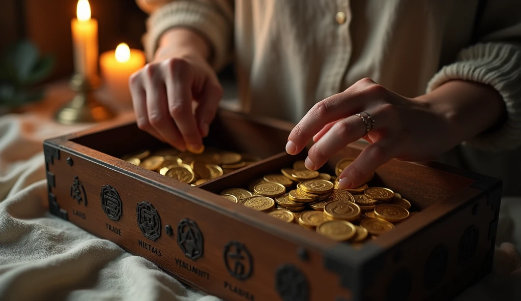 Create a hyper-realistic and mysterious image of a female hand, dressed in a simple linen tunic, placing several gold coins into different compartments of an intricately carved wooden chest. Each compartment is labeled with symbols representing different types of investments., as lands, trade and precious metals. The golden light from a nearby candle should gently illuminate the safe and coins., creating an environment of strategy and security. The scene should symbolize the practice of separating resources into different investments to ensure financial stability..