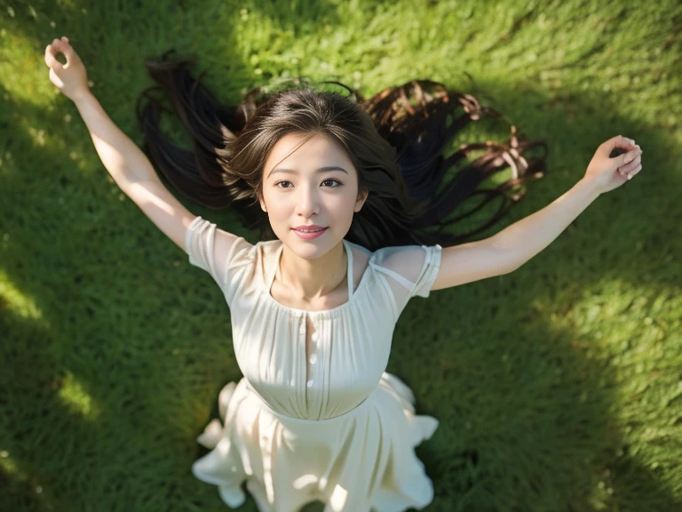 A drone-captured aerial view of a woman standing in an open field, looking up towards the sky. The perspective is from directly above, giving a sense of height and distance as the drone hovers high above her. She is wearing a flowing white dress that contrasts sharply with the lush green grass beneath her. Her hair is gently tousled by the breeze, and her arms are slightly outstretched, creating a feeling of openness and connection with the sky. The sunlight casts long shadows, enhancing the depth and dimension of the scene, while her serene and curious expression is clearly visible from the top-down view.