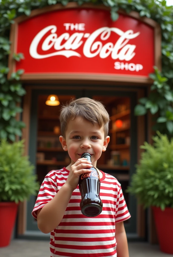 A photo of a lively scene at the Coca-Cola Shop. There is a boy drinking a bottle of Coca-Cola. The boy is wearing a red and white striped The background contains the Coca-Cola Shop sign, potted plants, and image.