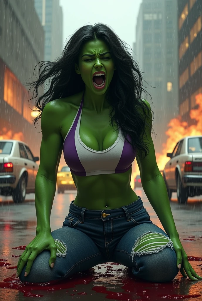 a beautiful woman (((Olive-green complexion all over his body))),(((long black hair))) Jennifer Walters aka She-Hulk in a white sports top with purple in the middle and some (((Bermuda jeans up to their knees ripped))) because of her great muscles, muscular arms and legs, on her knees, screaming exhausted after an extensive battle in an apocalyptic and rainy city, cars and buildings on fire, blood around her, strong and bloody images (((Olive green complexion all over the body))),(((Fingers of his hands without any deformity)))