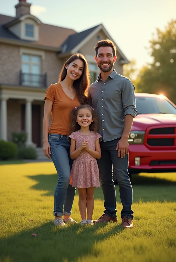 A happy family with a brown-haired father, a mother with long brown hair, a 7 year old blonde daughter and a 9 year old son, in front of his two-story mansion next to his red Dodge RAM pickup truck