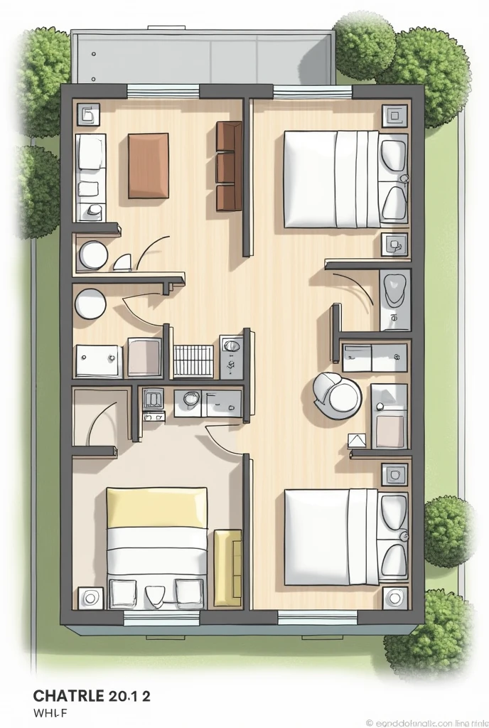 Create for me the plan of a house with two bedrooms, a living room, a bathroom and a kitchen