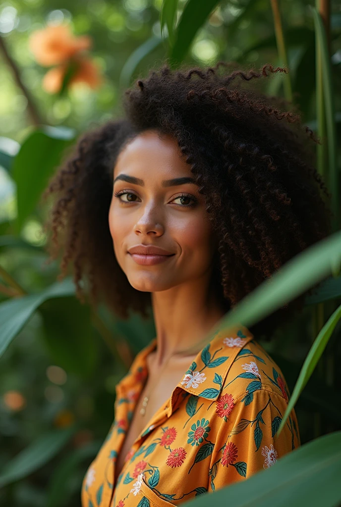 A Brazilian woman in a lush tropical garden, wearing an open shirt with a floral print, with a close-up capturing the harmonious beauty between her breasts and the natural flowers, showing off your natural charm and outgoing personality.