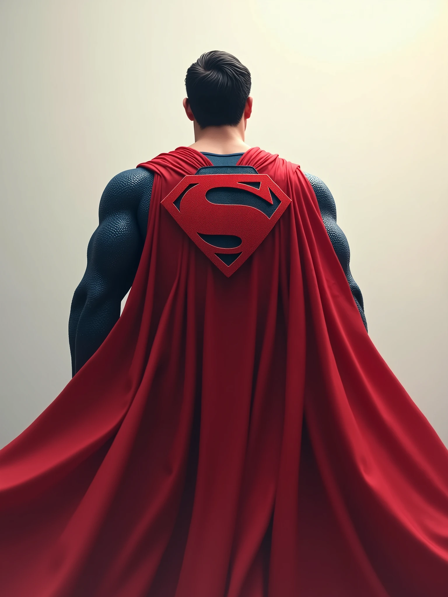 Generate an image of Superman's back, wearing a cape, a full body image, a high-resolution image, and a light background.