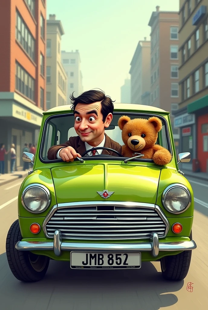 Mr bean cartoon character in the car with his teddy