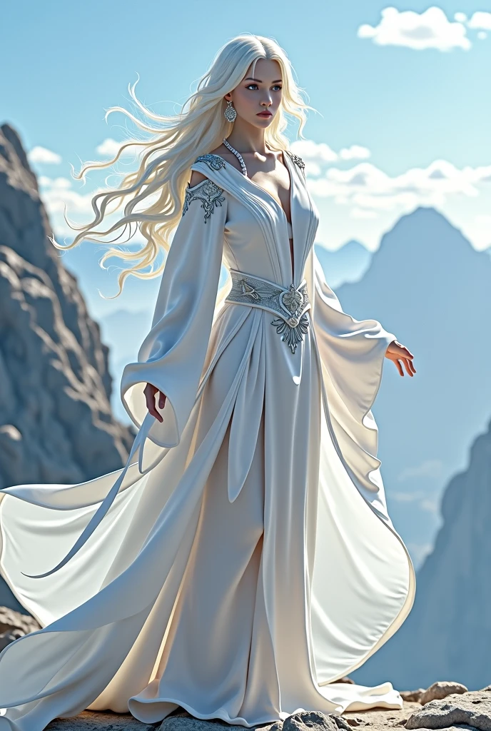 character (woman) (Long white hair) (White Mage outfit) (ダイナミックなポーズのcharacter) (whole body) (Smooth color blending) (Mountains with a clear sky in the background)