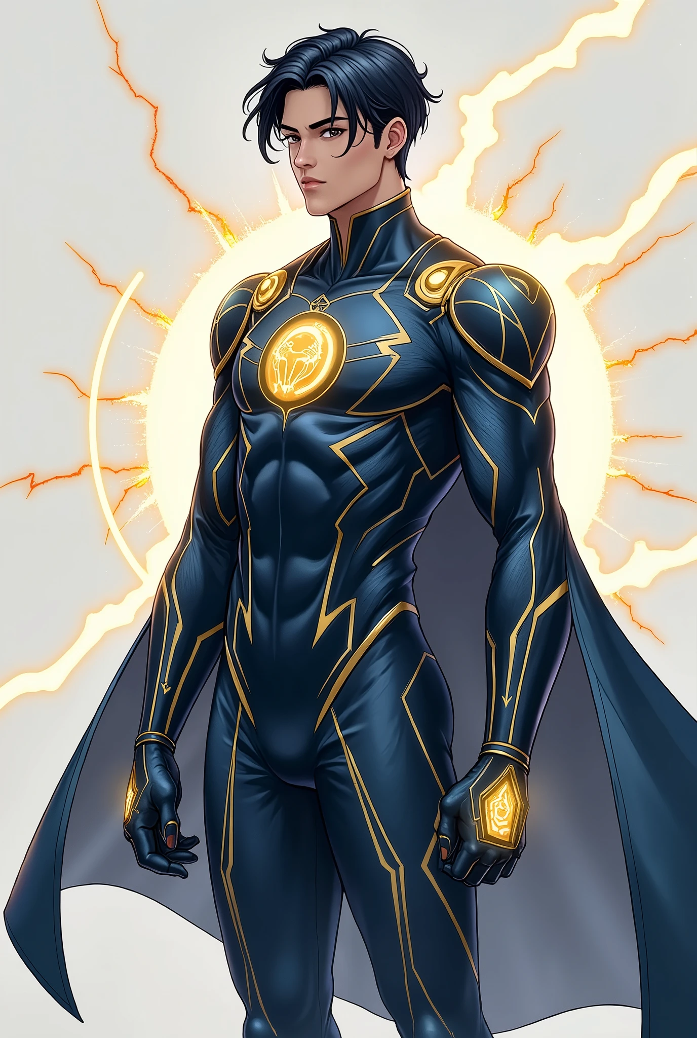 D'accord ! Voici une idée pour l’apparence de Nourou :

- **Costume :** Un costume de couleur bleu nuit avec des accents dorés. Le bleu nuit symbolise la profondeur et la sagesse, tandis que les accents dorés évoquent la grandeur et le pouvoir. Le costume est ajusté mais pratique, avec des protections légères sur les épaules et les avant-bras.

- **Symbole :** Un symbole de soleil stylisé sur la poitrine, représentant la lumière et l'énergie. Ce symbole est doré et légèrement brillant.

- **Coiffure :** Des cheveux noirs, courts sur les côtés mais plus longs et légèrement ondulés sur le dessus, donnant une allure dynamique et moderne.

- **Super-pouvoirs :** Nourou peut contrôler la lumière et générer des éclairs d'énergie. Il est capable de manipuler les rayons lumineux pour créer des attaques puissantes ou pour se rendre invisible en se camouflant dans les ombres.

- **Style général :** Une touche de futurisme avec des éléments high-tech comme des gants et des bottes avec des lumières intégrées, mais aussi une touche classique avec des lignes épurées et un design fonctionnel.

Ces éléments peuvent être utilisés pour créer des illustrations de Nourou, en lui donnant un look à la fois impressionnant et pratique.