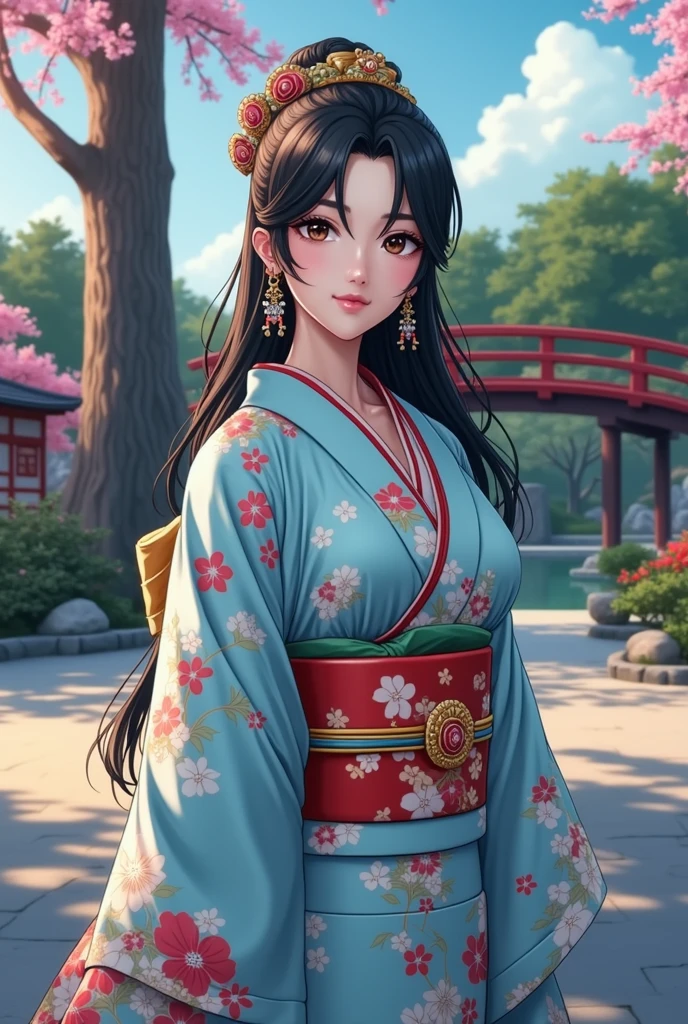 (masterpiece、Highest quality、8k、High resolution)、Traditional Japanese beauty in kimono、(The best girl in anime)、Floral pattern on white background、Vibrant colors、Japanese garden、There is a pond、Colorful flowers、Vibrant colors、Cherry Blossom、There is a drum bridge、A complete portrayal、Detailed anime art、