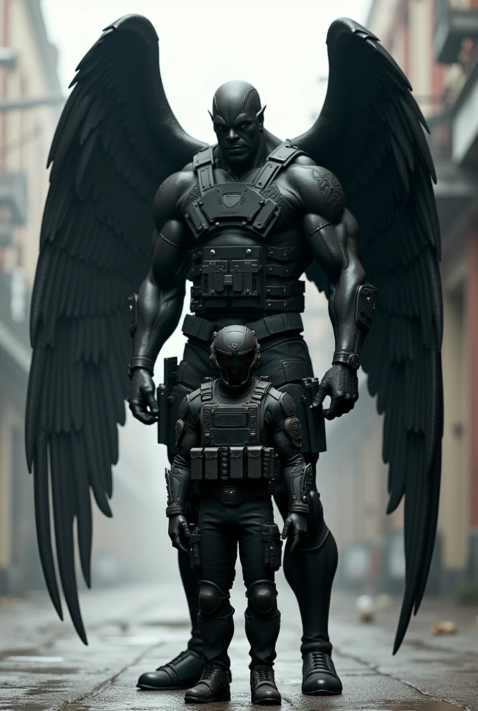 Soldier next to a 2&#39;90m attractive man in heavy black tactical military gear who has black wings on his back shows the difference in sizes