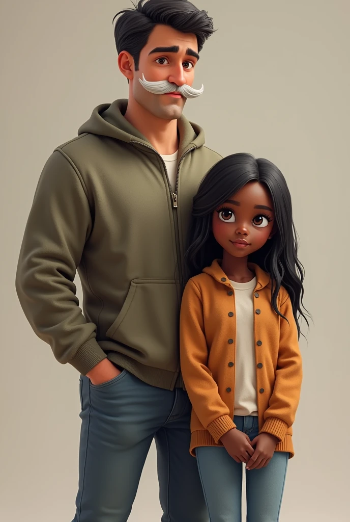 
Create a graph of the two siblings: a tall 30-year-old man with a white mustache and his 18-year-old sister with eyebrows and a shy expression, dark skin and straight hair.. realistic image. The brother takes a protective stance