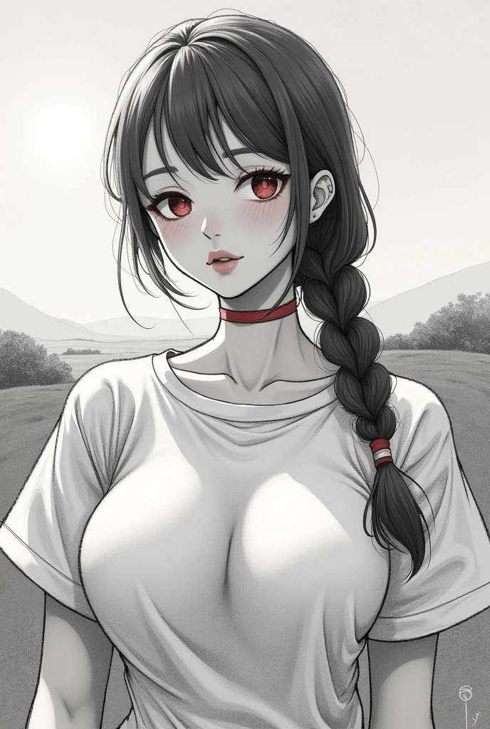 (pencil_sketch:1.2, Messy Lines, grayscale, Traditional Media, sketch),One in black and one in white,Large bed, (Landscape), (close your eyes:1.8),Long Hair, Side braid, Protruding ,Huge breastsized white T-shirt, close, look, The sun shines in my heart, Beautiful Detail Girl, Clear details, Surrealism, Japanese Manga, op art, Ultra HD, Anatomically correct, Super Detail, Highest quality,(Pink Lips),(Red eyeshadow),