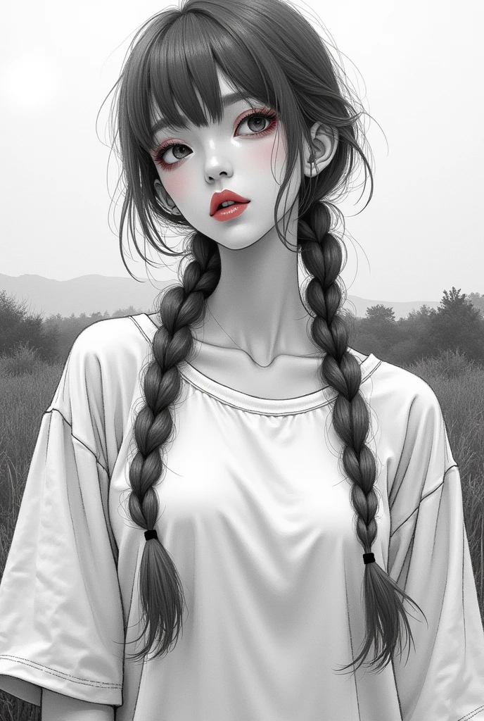(pencil_sketch:1.2, Messy Lines, grayscale, Traditional Media, sketch),One in black and one in white,Large bed, (Landscape), (close your eyes:1.8),Long Hair, Side braid, Protruding nipples,Huge breasts, Oversized white T-shirt, close, look, The sun shines in my heart, Beautiful Detail Girl, Clear details, Surrealism, Japanese Manga, op art, Ultra HD, Anatomically correct, Super Detail, Highest quality,(Pink Lips),(Red eyeshadow),