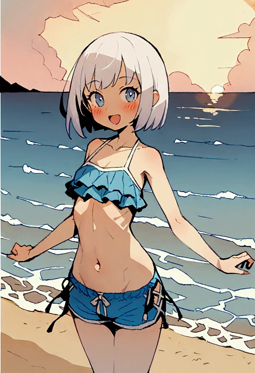 (Anime-style illustrations), Beach, A young woman with tanned skin and short, light white hair, Looking pensively at the sea, (Tiny Micro Bikini:1.5), (nsfw:1.4)