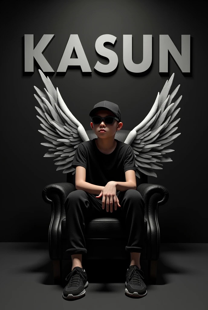 young teen boy in a black shirt sitting casually on a wingback chair. Wearing sneakers ,a black cap, and sunglasses, he looks ahead. The background features  ''KASUN' in big and capital white fonts on the black wall. There should not be his shadow, and there are wings to make it appear as if he is an angle,3d