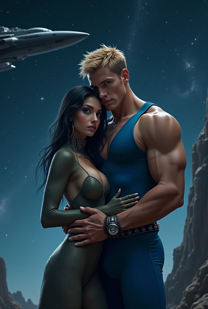 The night over the starry sky, a reptilian woman hugs a strong blond man in a tight blue jumpsuit and a large belt. In the background a spaceship 