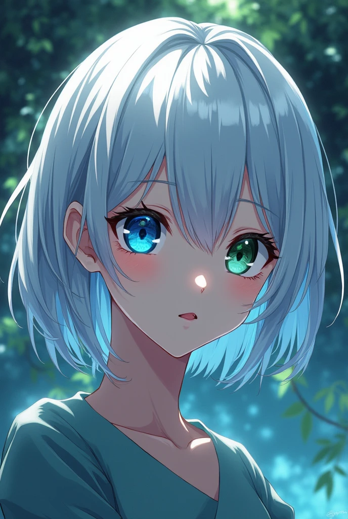 anime style, young adult woman, with one blue eye and one green eye, short white hair.
The most beautiful thing in the world.