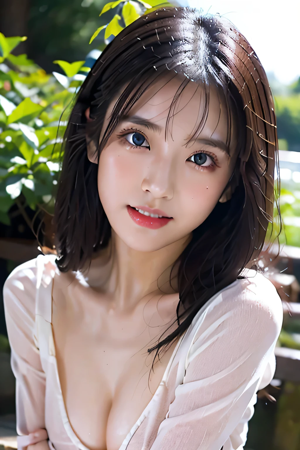 (masterpiece,best quality:1.4),(8k,raw photo,photo realistic:1.2),shiny skin,detailed skin,detailed face,detailed eyes,Detailed Background、1girl,Japanese idol,beautiful face,(Shining Eyes:1.2),Kind eyes、smile、Symmetrical eyes、、Great background、Great location、Emphasized breasts、Detailed sheer high leg leotard、Outstanding proportions、Extremely sexy,Cute Face、Young Japanese