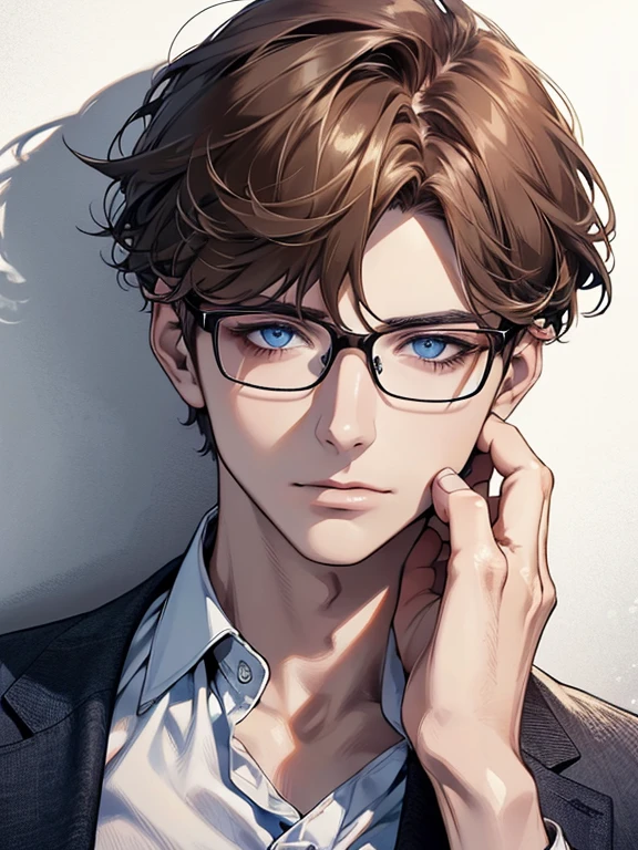 masterpiece, best quality, 1male, brunette hair, blue eyes, glasses, white shirt, mugshot, wall background, detailed eyes, detailed facial features, realistic and high resolution (best quality, 4k, 8k, highres, masterpiece:1.2)