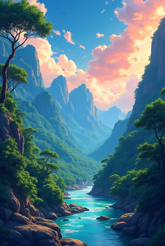 A vibrant anime-style poster featuring a dynamic background composed of bright, lively tones that blend harmoniously into a colorful depiction of Venezuelan landscapes. The background showcases the lush greenery of Venezuelan forests, the majestic mountains, and the serene rivers, all rendered in rich, vivid colors that evoke the beauty and diversity of the region. The overall composition is carefully balanced, creating a captivating and aesthetically pleasing anime-inspired artwork that draws the viewer in with its rich details and bold colors.