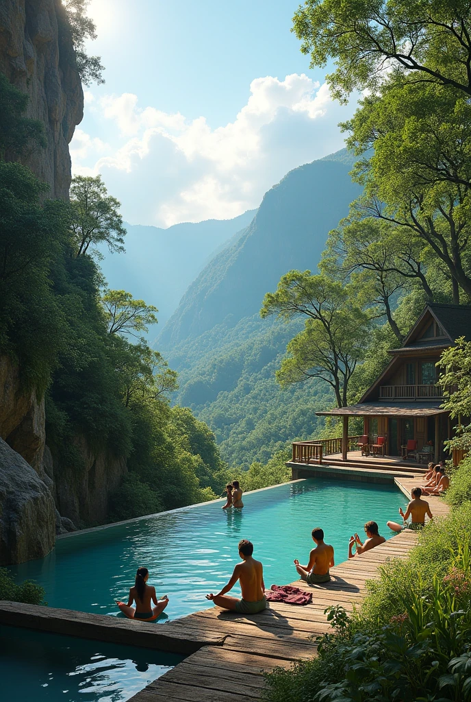 1. Adventure and Relaxation Packages Weekend Retreats: Adventure activities such as hiking, Mountain biking, or rock climbing in the natural environment of Tarapaya. Outdoor yoga sessions and guided meditation to relax after physical activities. Access to hot springs for muscle recovery and relaxation. make a promotional image  