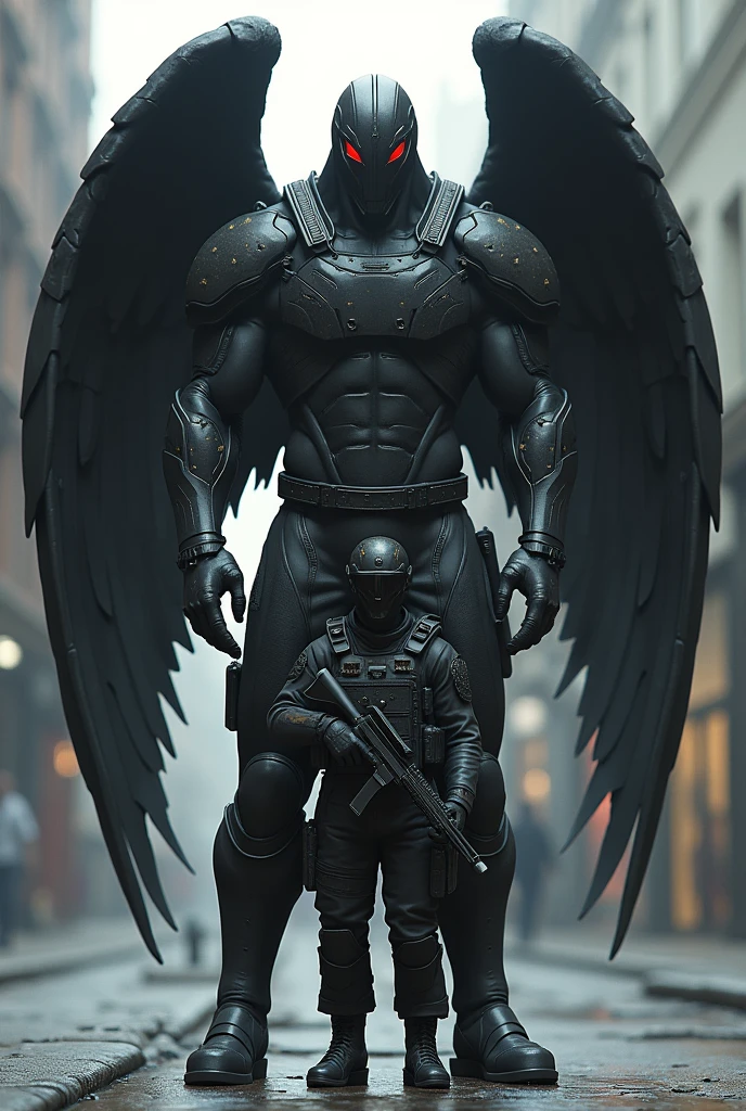 Soldier next to a 2'90m attractive man in heavy black tactical military gear who has black wings on his back shows the difference in sizes