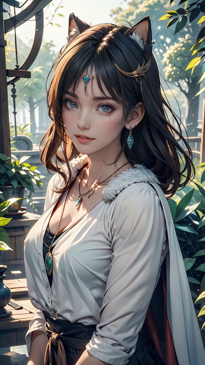 mj3d style,3dmm,3d,(masterpiece, Highest quality:1.1), Ghibli style, Mr. Miss. (mononoke hime), One person, Bracelet, bangs, Black Hair, black undershirt, chest, Cape, Circlet, Earrings, Face Paint, Floating Hair, forest, fur Cape, Green Eyes, jewelry, View your viewers, medium chest, nature, necklace, Outdoor, parted bangs, shirt, short hair, No sleeve, No sleeve shirt, alone, tooth necklace, wood, Upper Body, white shirt