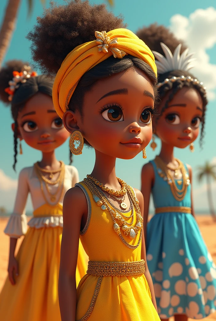Animated 5 year old African brunette in yellow dress with necklaces and golden turban. Animated 5 year old African brunette in blue dress and seashell turban. Animated 5-year-old brunette in a white and silver dress with a white feather turban and all with African necklaces.