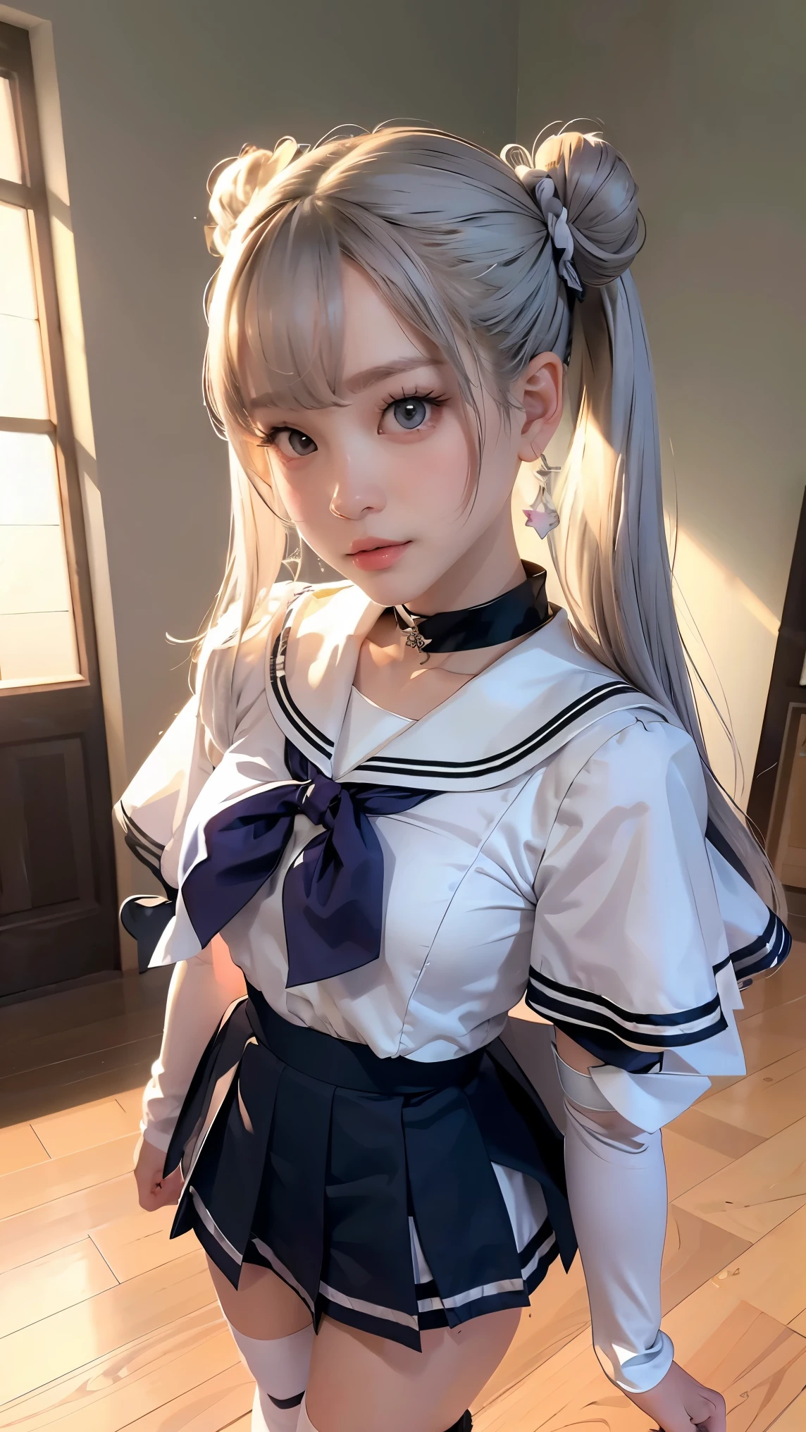 photorealistic, (hyperrealistic:1.2), (extremely detailed CG unity 8k wallpaper), (ultra-detailed), masterpiece, best quality, 1girl, sailor cosmos, standing, fullbody,  solo, long hair, skirt, hair ornament, twintails, jewelry, purple eyes, white hair, pleated skirt, earrings, choker, sailor collar, hair bun, cape, character name, double bun, facial mark, white skirt, brooch, white sailor collar, hairpin, forehead mark, white choker, sailor senshi uniform, holding staff