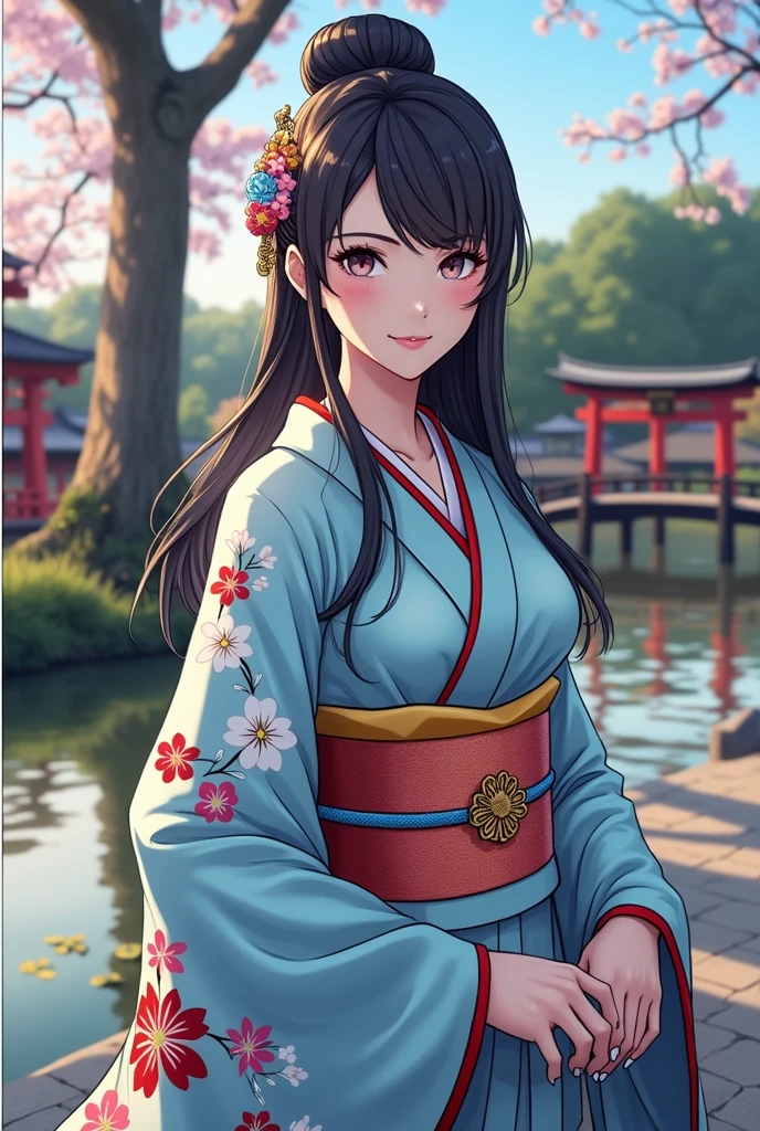 (masterpiece、Highest quality、8k、High resolution)、Traditional Japanese beauty in kimono、(The best girl in anime)、Floral pattern on white background、Vibrant colors、Japanese garden、There is a pond、Colorful flowers、Vibrant colors、Cherry Blossom、There is a drum bridge、A complete portrayal、Detailed anime art、