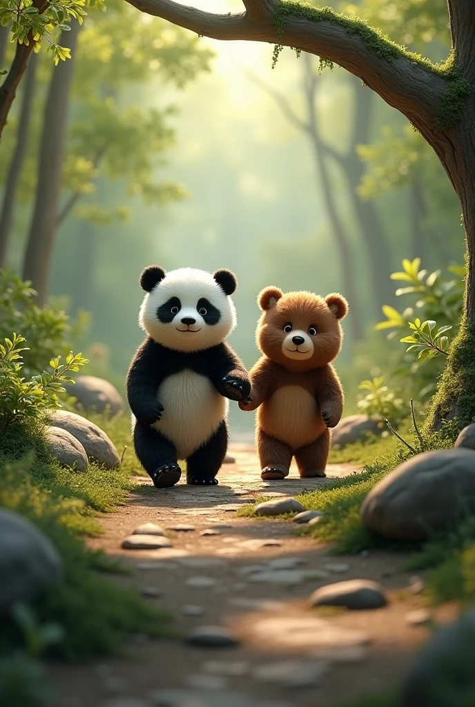 Make a picture where a panda bear and a brown bear both walk along a path of large stones and branches, the two little bears