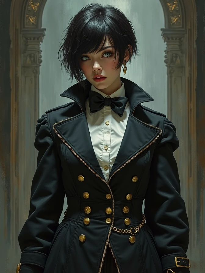 full body shot of one Beautiful woman. dark brown hair, pixie haircut. blue eyes. daring outfit. goth tomboy. maidenly charm.  butler sirt and bowtie under Knightly cyber armor. golden accessories. Napoleonic trenchcoat. Dark sci-fi. Warhammer 40k. Dieselpunk. baroque oil painting.