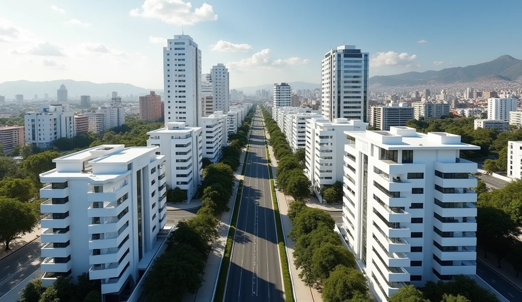 Create a realistic image in the form of a photograph that captures the city of Arequipa with an aerial view. on an important avenue that has on its sides eight residential buildings of modern and elegant design in white, each one with a different design, each with 20 floors and a height of 80 meters. It includes four commercial buildings with reflective mirror facades, each 25 stories and 70 meters high and of different design. Be sure to incorporate trees and vegetation into the environment to give it a natural touch. The perspective must show a panoramic view that highlights the scale and design of these buildings in the urban context of Arequipa.