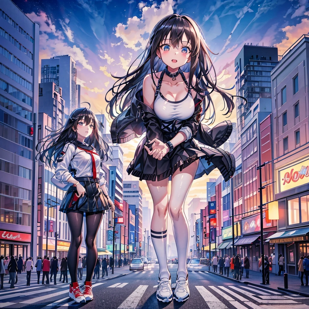 Composition viewed from below ((evening)) ((sunset)) ((sunset)) cumulonimbus masterpiece Anime Style Delicate painting 4K 90's giant plural crowd ((Black Hair)) Metropolis crowd Crowd of people ((A giant Shibuya Rin standing in the valley of a skyscraper district)) Metropolis Tokyo Akihabara Electric Town Big Breasts Sweating profusely Splash sneakers White socks watch Black Hair smile female giant giant girl Whole body Crowd Unreal Engine,cleavage ,a drawing of a , earrings, long hair,Cute picture Beauty Analog style whole body sneakers