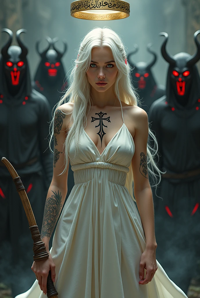 A gril with light white dress(dress = a top and jeans). Her hair is long and one line is white. Her eyes are big. A holy cross black tattoo on her chest. She has full chest. Behind her there a few demons looking at her. That demons have red eyes. The girl not scared because she is the leader. There are few tattoos on her. She has a bow, there are highlight red lines on bow. There is shining ring above her head it concluded some arabic fonts.