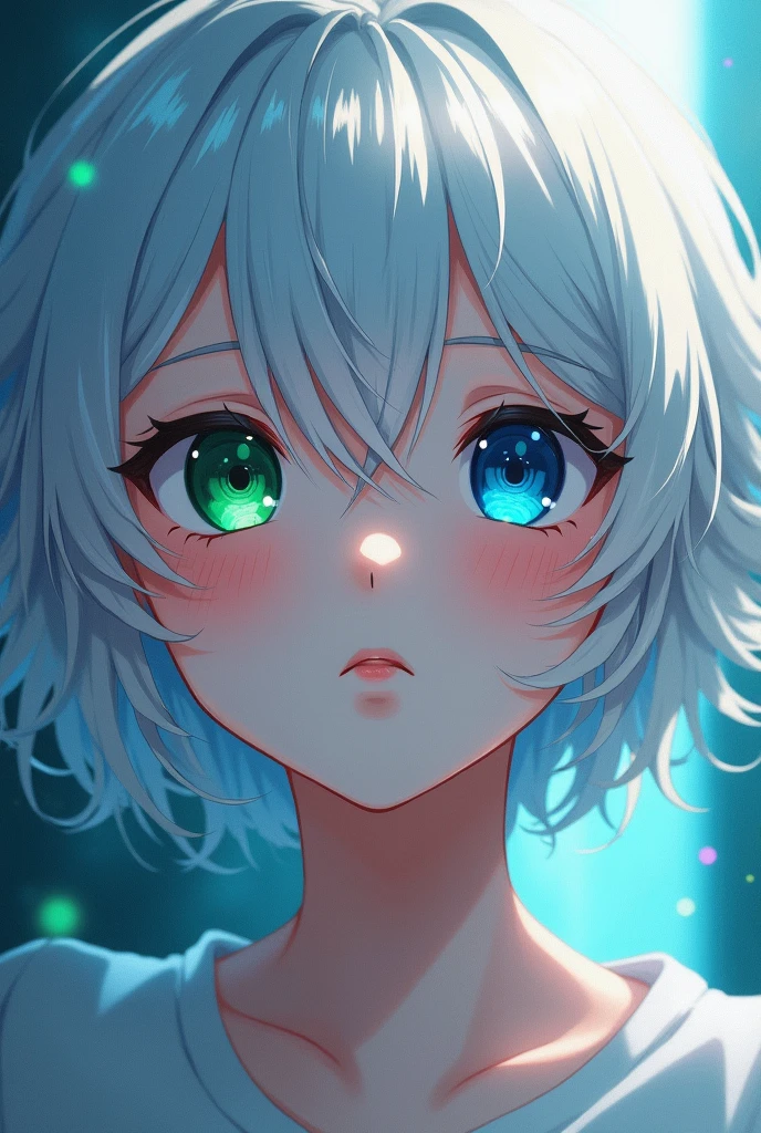 anime style, young adult woman, with one blue eye and one green eye, short white hair.
The most beautiful thing in the world.