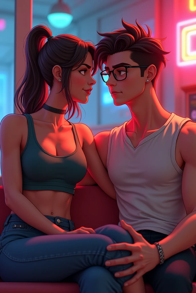 A muscular 18-year-old woman in a tank top sits cross-legged、I can see your belly、Sweaty、Animated graphic of a slim, pale 18-year-old man wearing glasses sitting next to him