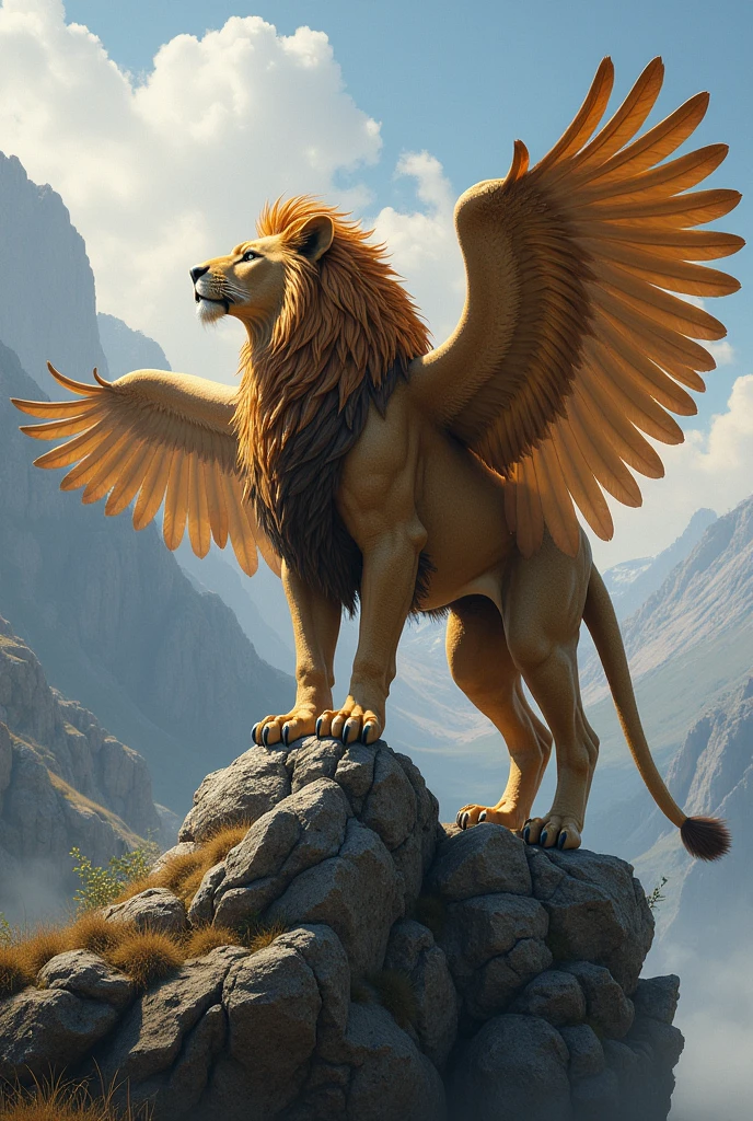 Create a fictional animal that is a fusion between a bird and a lion