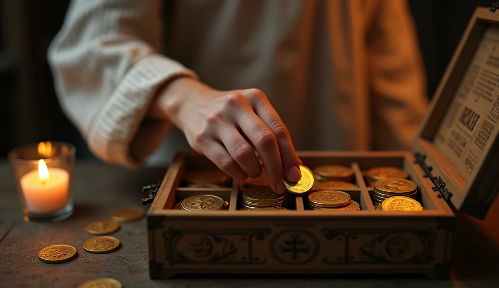 Create a hyper-realistic and mysterious image of a female hand, dressed in a simple linen tunic, placing several gold coins into different compartments of an intricately carved wooden chest. Each compartment is labeled with symbols representing different types of investments., as lands, trade and precious metals. The golden light from a nearby candle should gently illuminate the safe and coins., creating an environment of strategy and security. The scene should symbolize the practice of separating resources into different investments to ensure financial stability..
