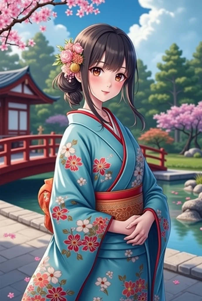 (masterpiece、Highest quality、8k、High resolution)、Traditional Japanese beauty in kimono、(The best girl in anime)、Floral pattern on white background、Vibrant colors、Japanese garden、There is a pond、Colorful flowers、Vibrant colors、Cherry Blossom、There is a drum bridge、A complete portrayal、Detailed anime art、