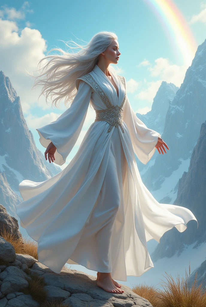 character (woman) (Long white hair) (White Mage outfit) (ダイナミックなポーズのcharacter) (whole body) (Smooth color blending) (Mountains with a clear sky in the background)