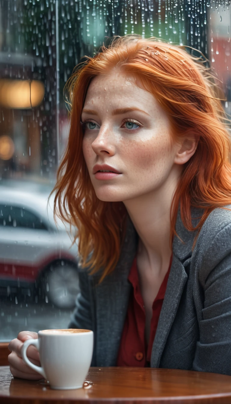 an ultra realistic image of a red-haired woman sitting in a cafe looking through the glass window, she is thoughtful, it is raining and there are raindrops on the glass, you can see the reflection of the rest of the woman in the glass