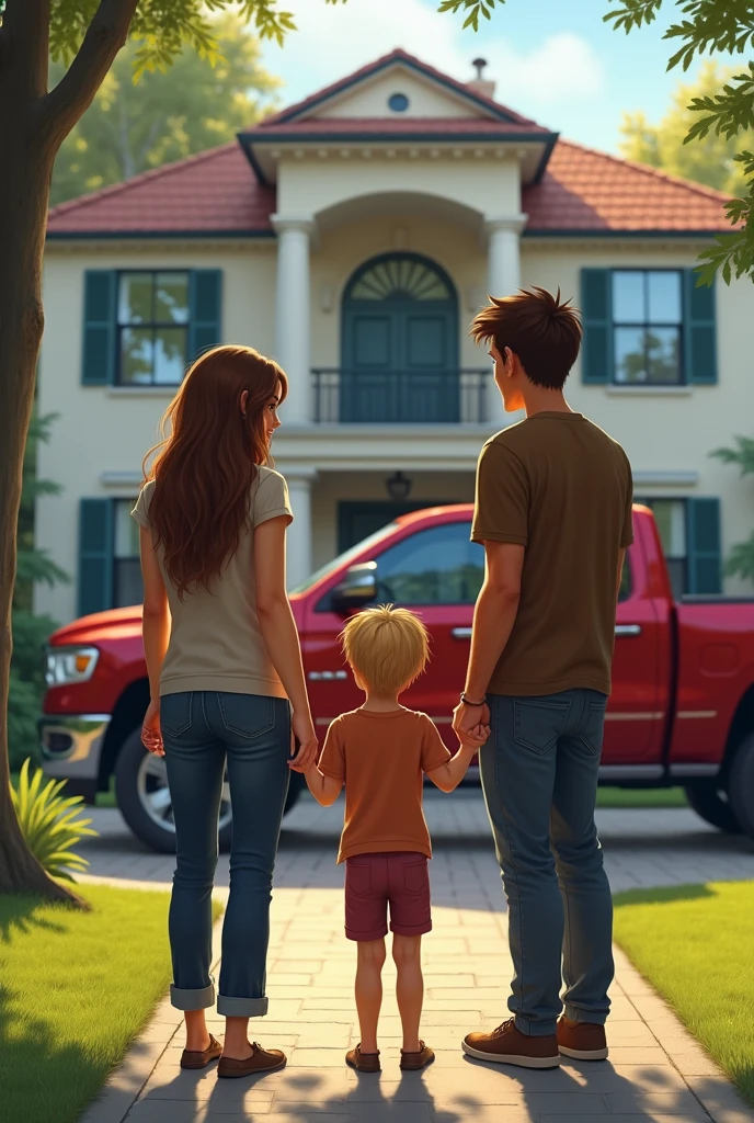 A happy family turned away from each other consisting of a brown-haired father, a mother with long brown hair, with her two children: a 7 year old blonde and a 9 year old, in front of his two-story mansion next to his red Dodge RAM pickup truck