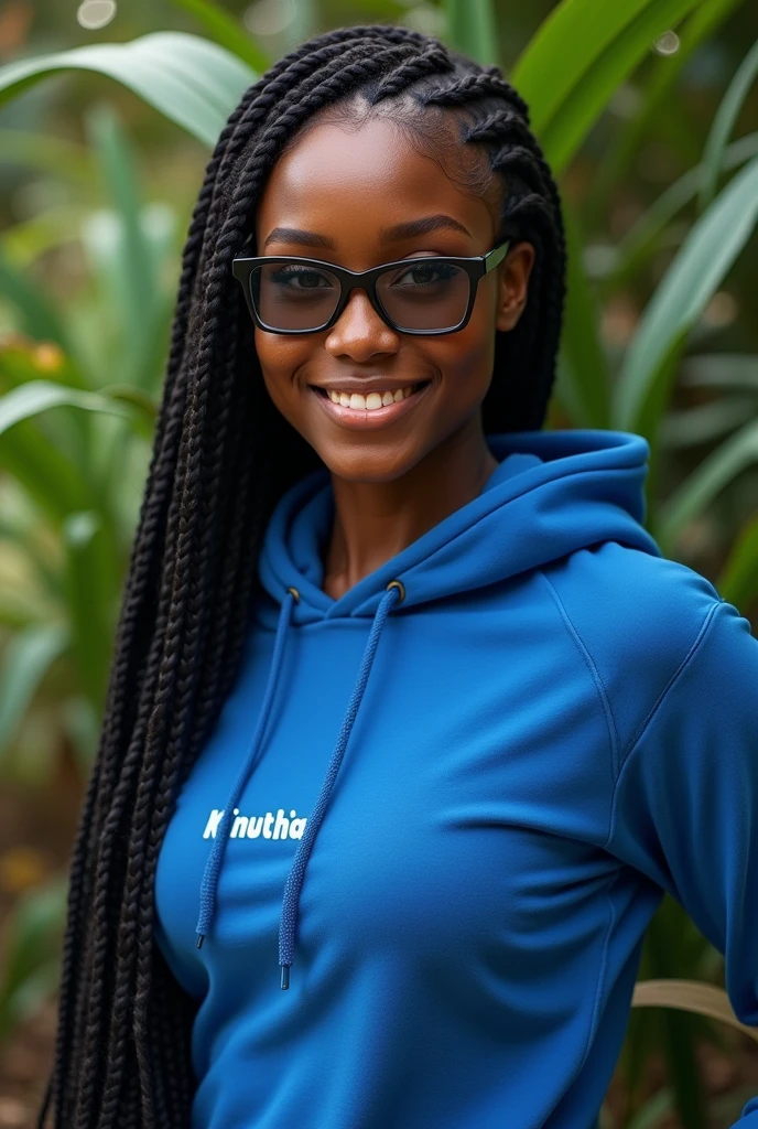(photorealism:1.2), beautiful black African woman,22 years,sharp boobs, smiling wearing a fitting blue hoodie written "Kinuthia",long braids,oversized photo chromatic glasses, standing , plants in background cardi B inspiration