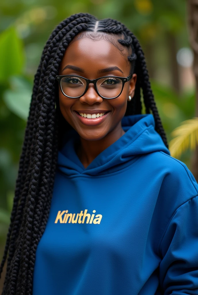 (photorealism:1.2), beautiful black African woman,22 years,sharp boobs, smiling wearing a fitting blue hoodie written "Kinuthia",long braids,oversized photo chromatic glasses, standing , plants in background cardi B inspiration
