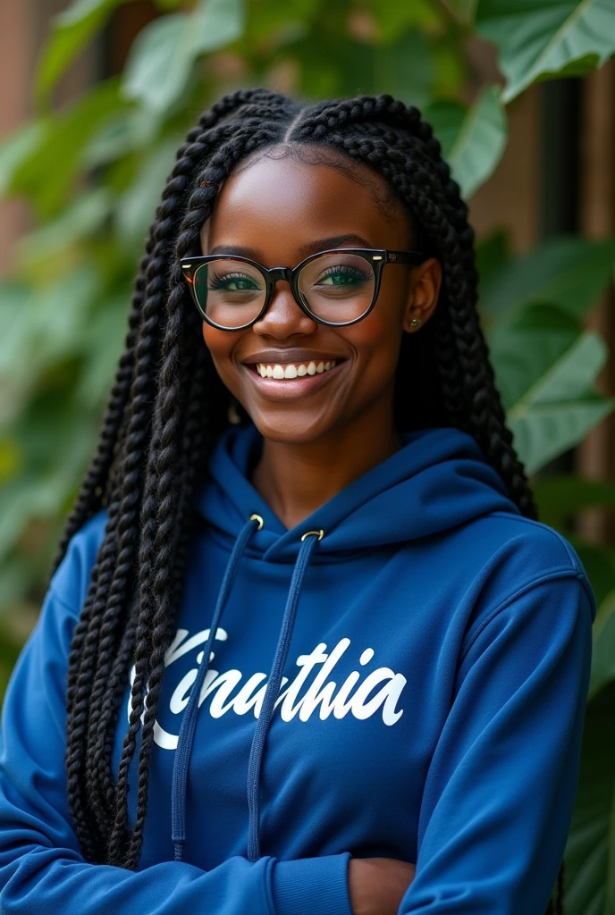 (photorealism:1.2), beautiful black African woman,22 years,sharp boobs, smiling wearing a fitting blue hoodie written "Kinuthia",long braids,oversized photo chromatic glasses, standing , plants in background cardi B inspiration 
